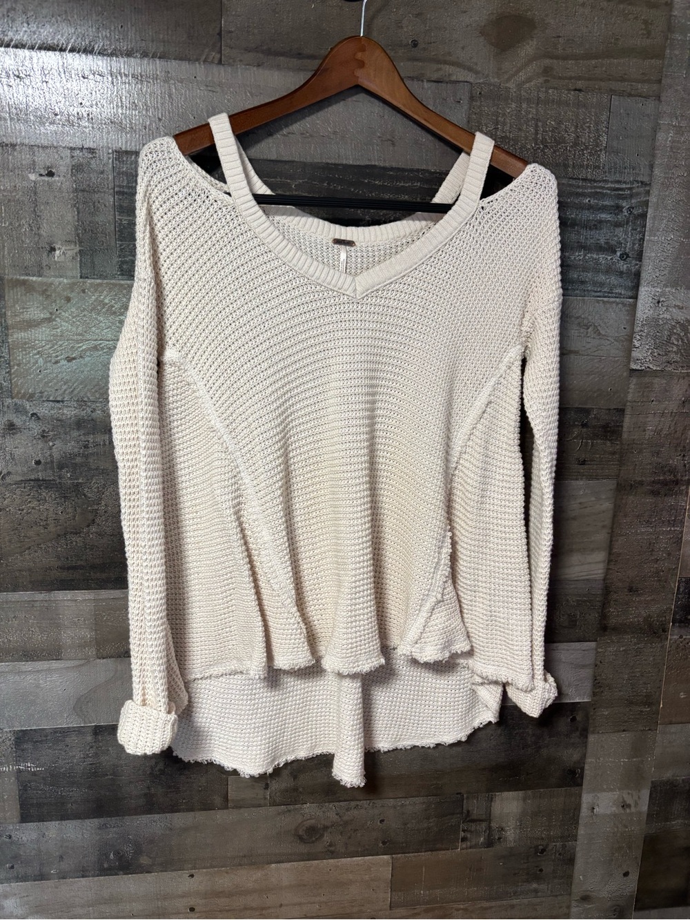 Free People Moonshine Cold Shoulder Textured Knit Sweater oversized Cream XS